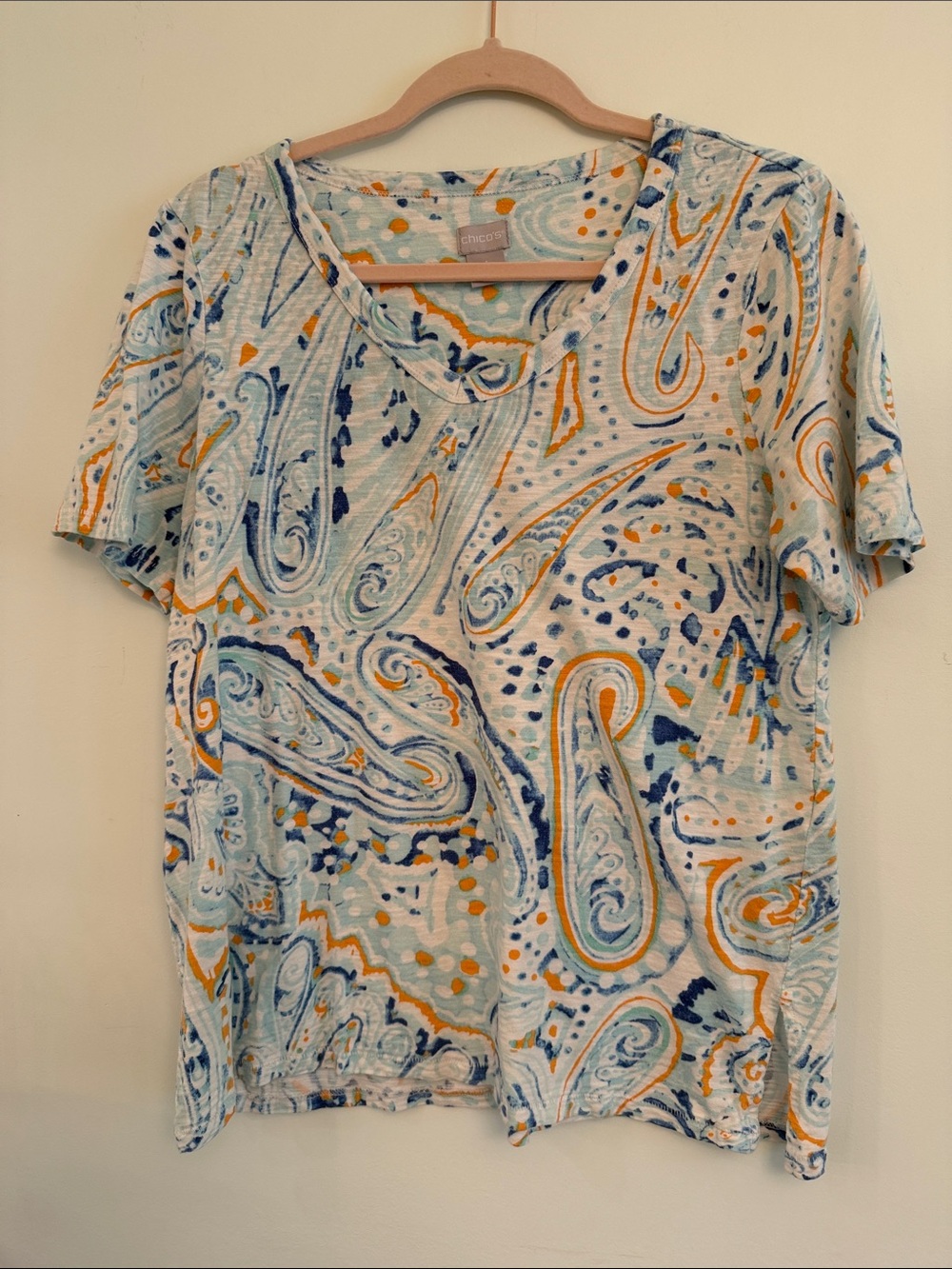 Chico's Light Blue Paisley Tee with Orange and Navy Accents